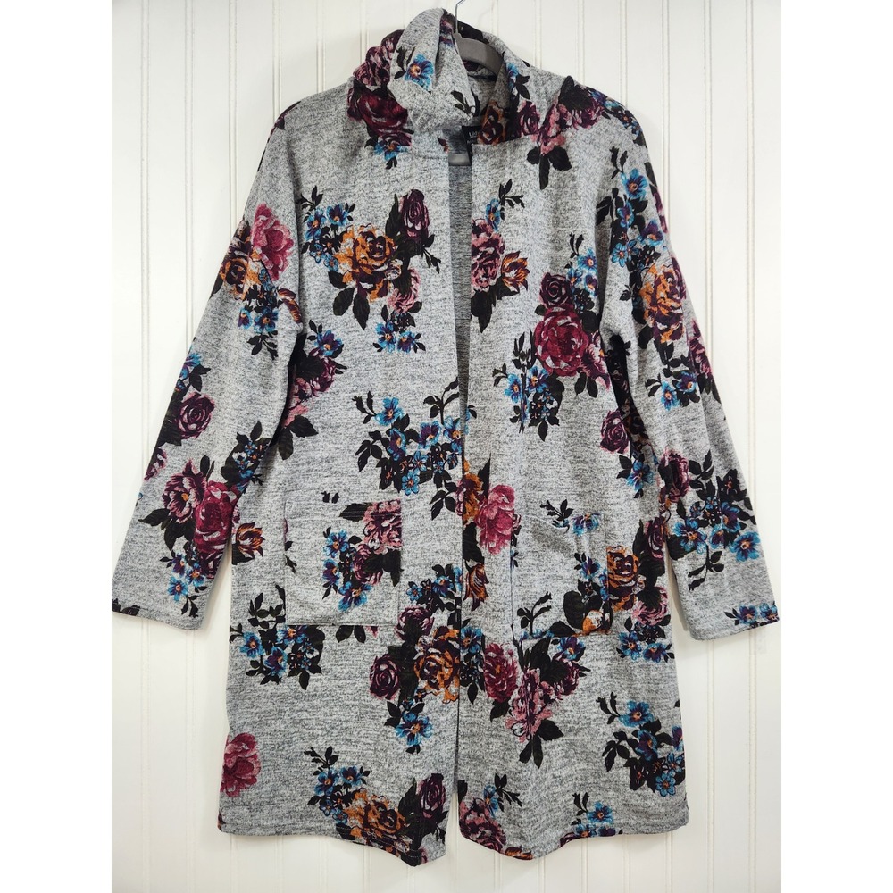 Lildy Women's Floral Hooded‎ Cardigan Gray Open Front Pocket Long Sleeve L/XL